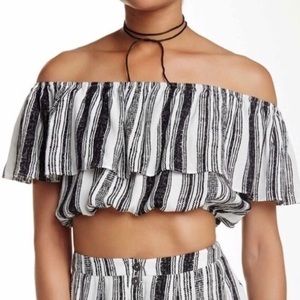 ASTR white and black off the shoulder ruffle crop